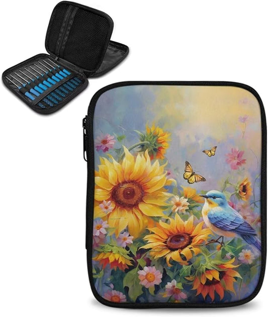 Hechitok Hummingbird Sunflower Crochet Hook Case Zipper Storage Organizer Bag with Pockets for Various Crochet Needles/Knitting Accessories/Crochet Hook Kit Tools