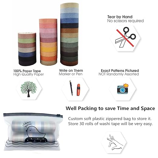 VIVIQUEN 30 Rolls Washi Tape Set Colored Masking Tape Pack Decorative Thin Tapes Children and Gifts Warpping (Nature Color 9mm)