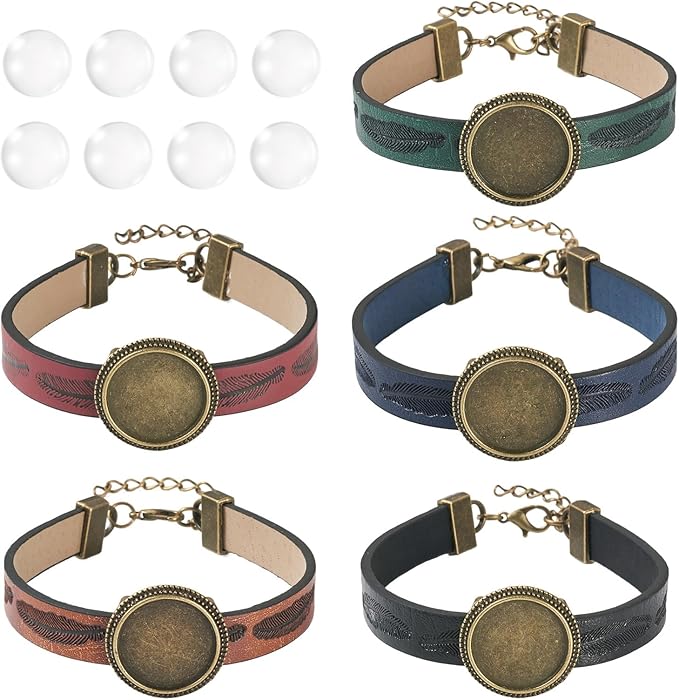 FASHEWELRY 5Pcs Adjustable Round Tray Bracelet Kits PU Leather Cord Bracelet Blanks Bezel Tray Settings with Round Glass Cabochons for Jewelry Making (Antique Bronze)