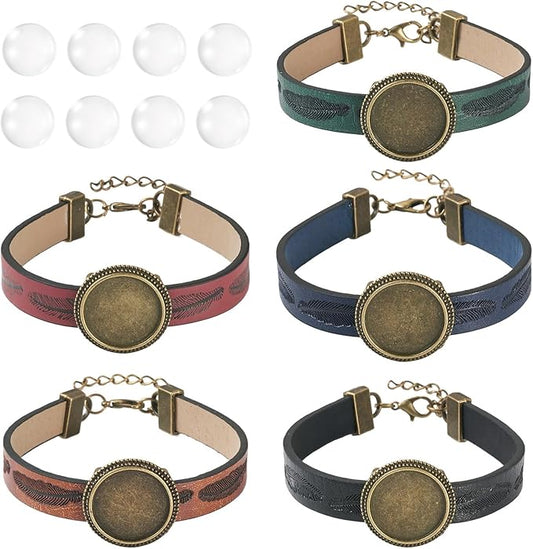 FASHEWELRY 5Pcs Adjustable Round Tray Bracelet Kits PU Leather Cord Bracelet Blanks Bezel Tray Settings with Round Glass Cabochons for Jewelry Making (Antique Bronze)