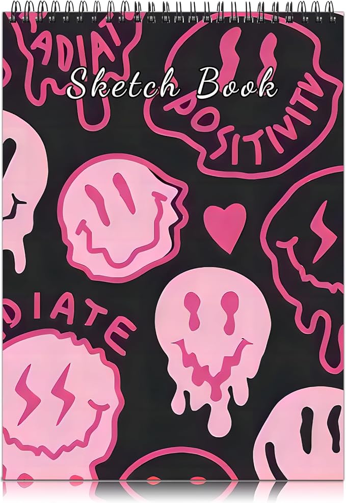 Cabreche Cute Sketchbook Top Spiral Bound Sketch Pad 9 x 12 inch,100GSM Thick Paper 50 Sheets 100 Pages,Art Sketch Book Aesthetic Writing Drawing Paper for Girls Women Face-Black Pink