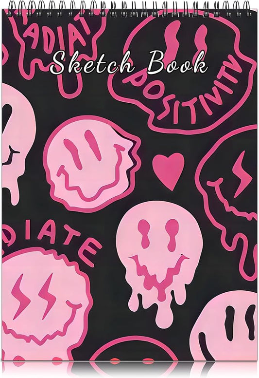 Cabreche Cute Sketchbook Top Spiral Bound Sketch Pad 9 x 12 inch,100GSM Thick Paper 50 Sheets 100 Pages,Art Sketch Book Aesthetic Writing Drawing Paper for Girls Women Face-Black Pink