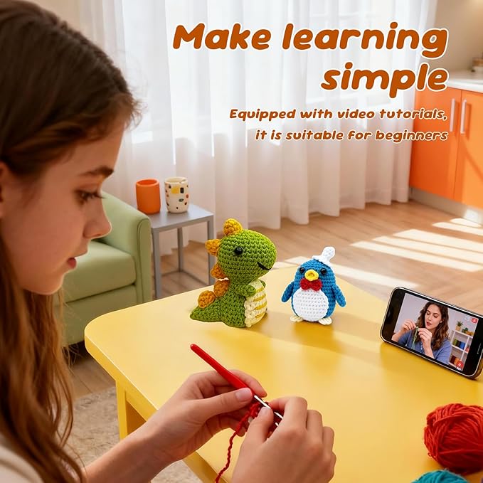 livikey 6pcs crochet kit for beginners - complete crochet set for adults & kids - woobles-style animal crochet kit with soft yarn and step-by-step video tutorials