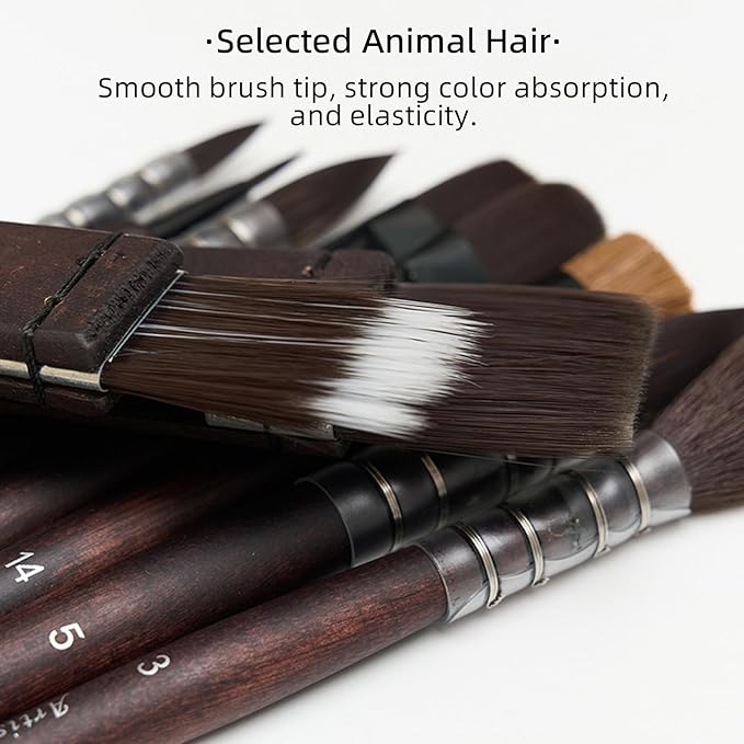 10 Pieces Artist Paint Brush Organic Synthetic Squirrel Horse Hair Set of 10 for Watercolor Acrylic Gouache Oil and Tempera Painting