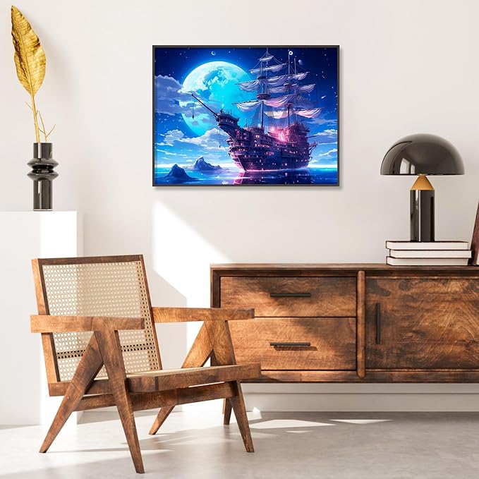 Camocin Diamond Art Kits for Adults Moonlight, 5D Sailing Ship Diamond Painting Kits for Adults Beginners, DIY Night Sky Landscape Full Round Dots Drill Gem Art Kit for Home Wall Decor 12 x 16 Inch