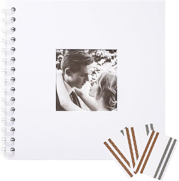 Scrapbook 8 x 8 Inch DIY Square Photo Window + 3 Corner Stickers, Photo Album Hardcover Kraft Paper White 20 Sheets/ 40 Pages