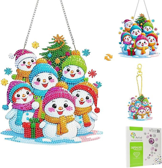 Masendp DIY Christmas Diamond Art Painting Set Keychain, Special Shape Rhinestone Hanging Decoration Diamond Art Window Pendant Gift Home Garden Wall Hanging Kit, Double Sided (Snowman)