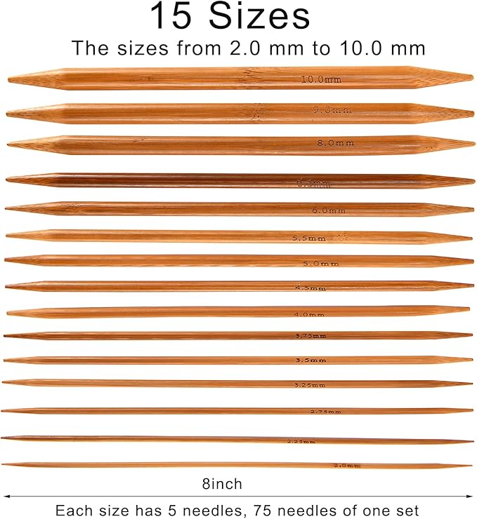 Double Pointed Knitting Needles Set,75 Pcs Wooden Bamboo Knitting Needles Kit,15 Sizes from 2.0mm-10.0mm,with Small Tools,Straight Wood Needles for Beginners,Making Sweater,Scarf,Sock,Weave