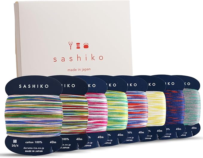 DARUMA Sashiko Thread 100% Cotton Card Type (43.7 yd) x 8 Colors with English Manual, Sewing & Embroidery Value Set with Gift Package (Thin, Kasuri)