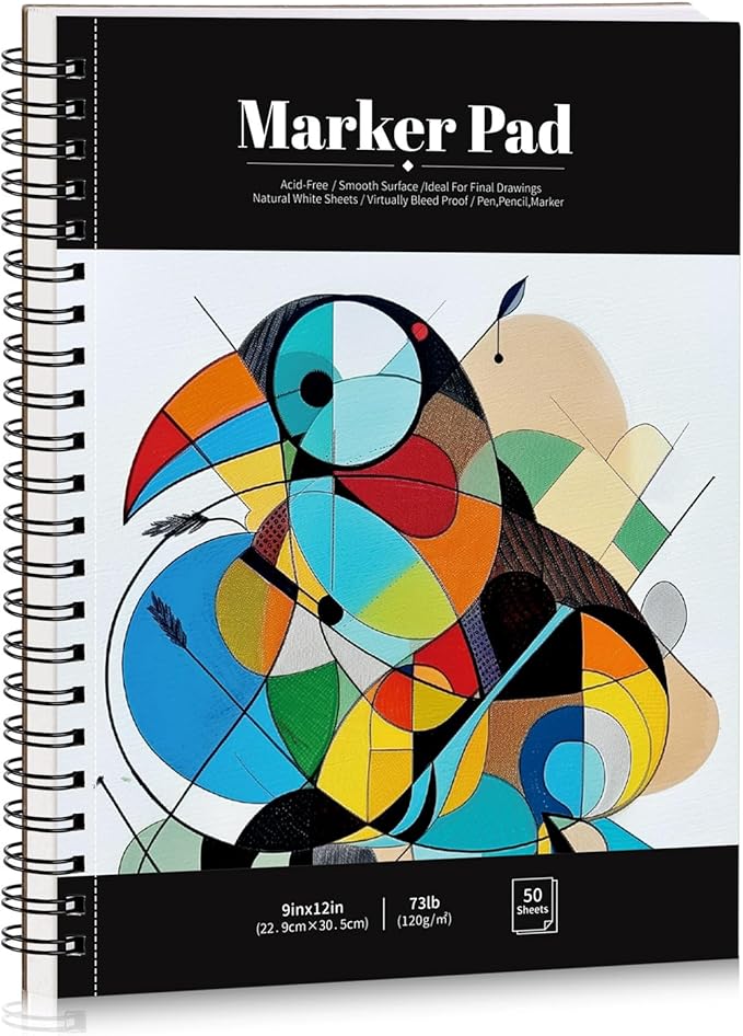 50 Sheets Marker Paper Pad, 9×12 Inch Bleedproof Art Sketch Pad, 73lb/120gsm Drawing Paper Spiral Sketch Book, Painting Coloring Alcohol Marker Paper for Beginners, Artists, Gift, Christmas