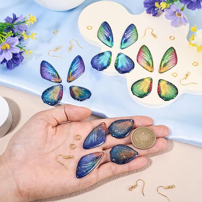 FASHEWELRY 16Pcs Resin Fairy Wings Earring Charms Dark Blue Green Butterfly Wing Pendants Opaque Insect Feather Charms with Jump Rings Earrings Hooks for DIY Earring Jewelry Making