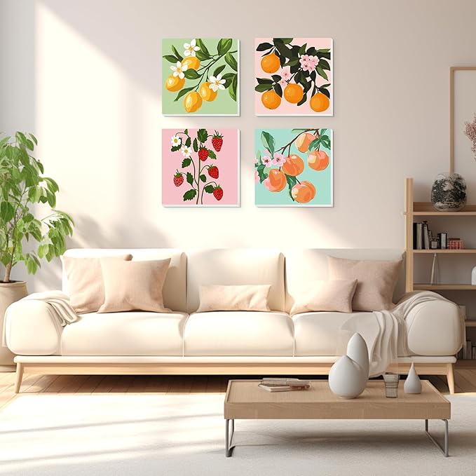 Lxmsja 4 Pack Fresh Fruit Harvest Paint by Numbers Kit for Adults, Easy Framed Paint by Numbers for Adults Beginner, DIY Acrylic Oil Painting Craft Kits for Home Wall Decor 8x8 inch