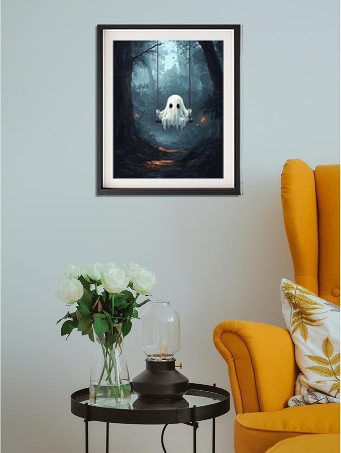 Cawpom Ghost Paint by Number, Spooky Paint by Numbers Kit for Adults, Halloween Ghosts Wall Art, Ghost on Swing Acrylic Painting for Festival Gift, Home Decor - Misty Forest(16x20inch, No Frame)