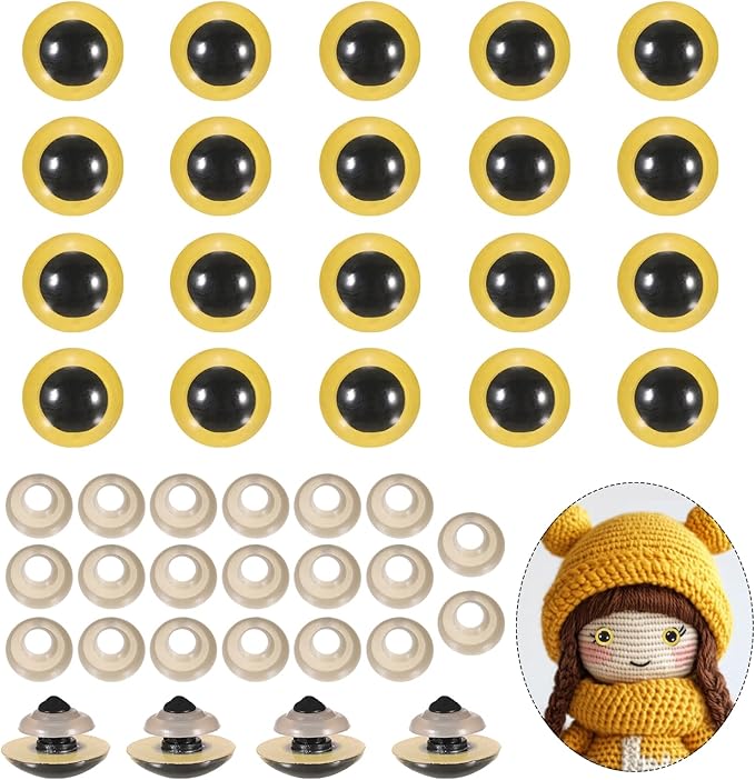 PATIKIL 16mm Safety Eyes, 20Pcs Realistic Doll Crocheting Safety Eyes with Washers for Decor Crochet Accessories Dolls Craft Halloween, Yellow