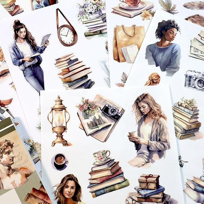 Dwpetzo Whispering Pages Reading Pre-Cut Journal Sticker Book for Junk Journaling, PET and Writing Paper Dual Materials, Collage Stickers for Scrapbooking Supplies, Planner, Bujo, A5, 20 Sheets