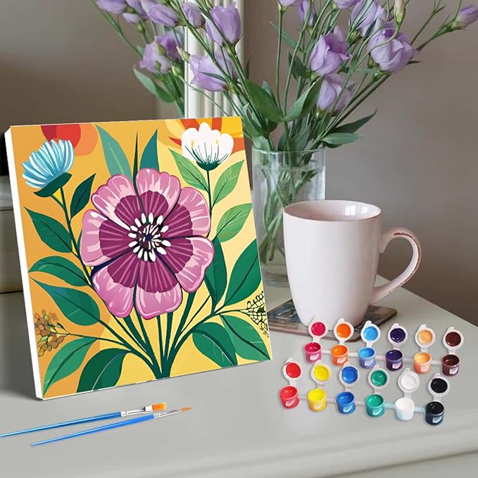Canrichshop 4 Pack Framed Paint by Numbers Kit for Adults Beginner & All Ages 8-12 and More,Flowers Painting by Numbers, DIY Number Painting for Adults for Decor Present 8X 8 inch