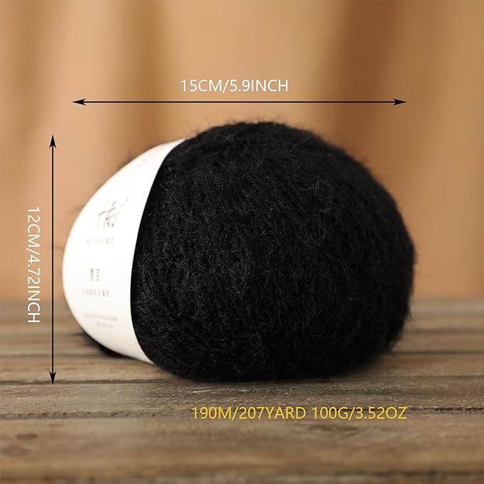 Snowbaby Wool Acrylic Blend Long Pile Yarn,(Worsted) Warm and Luxurious Fuzzy Yarn for Knitting and Crocheting DIY Hats Scarves Sweaters, 2 * 3.52oz/100g 207yds(07-Black)