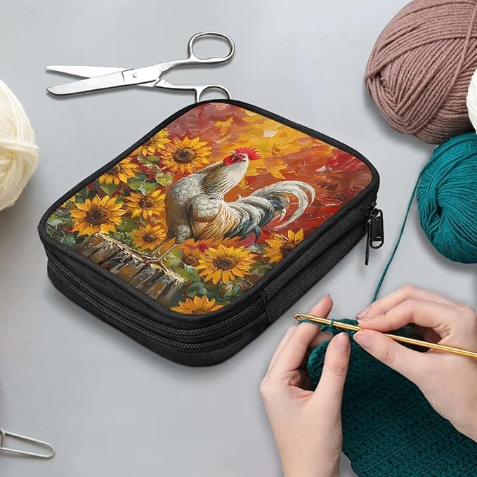 Hechitok Sunflower Crochet Hook Case Empty Zipper Bags Organizer Travel Crochet Storage Bag with Web Pocket for Carrying Various Crochets and Knitting Accessories