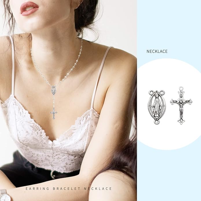 30Pcs/15Sets Alloy Rosary Kits Cross and Center Medal Charms Oval Catholic Jesus Maria Links Pendant for Diy Jewelry Making Supplies
