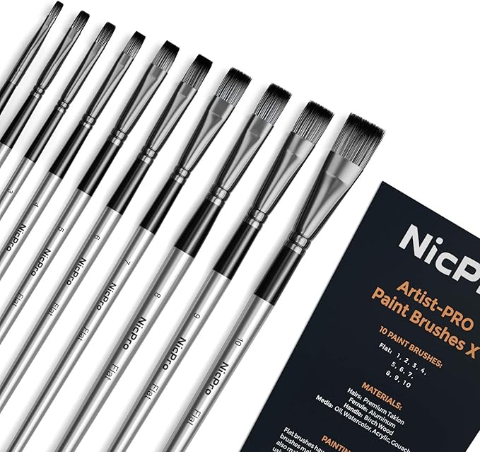 Nicpro 10 PCS Flat Paint Brush Set, Art Painting Brushes for Acrylic, Watercolor, Oil, Gouache, Craft, Detail, Face Body Painting, Base Coating, Artist Paintbrush Kit for Kid & Adult