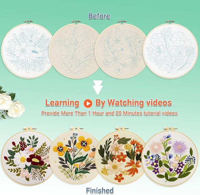 bonroy 4 sets embroidery set for beginners art crafts easy sewing includes embroidery clothes with pattern, hoop, instruction manual, color stitch set (assorted 1)