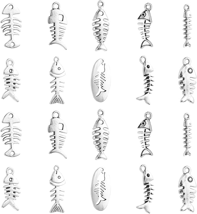 DanLingJewelry 100Pcs 10 Styles Fish Charm Bulk Fish Bone Charms Skeleton Charms for Jewelry Making Summer Ocean DIY