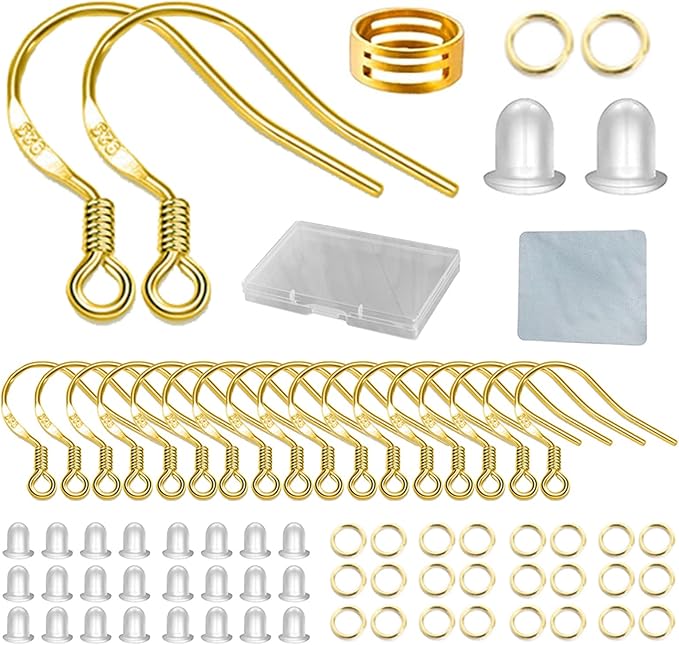 gold earring hooks 80 pcs/40 pairs, ear wires fish hooks, 240pcs hypo-allergenic jewelry findings parts with jump rings and clear silicone earring backs stoppers for diy jewelry making (14k gold)