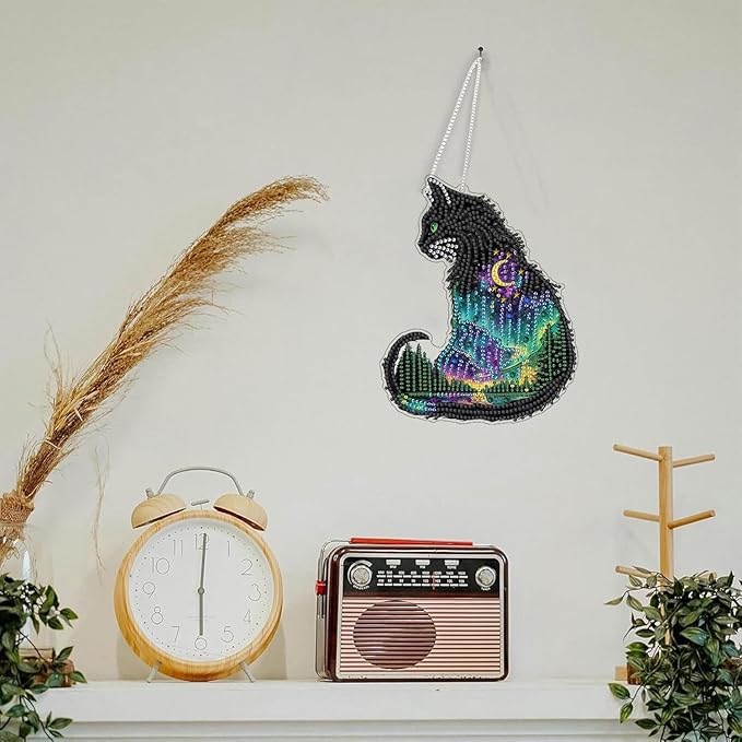 SKRYUIE Cat Hanging Diamond Art Kits for Adults Pendant Suncatcher, Special Shaped Crystal DIY Pearl Diamond Painting Kit, Gift for Mother Spring Summer Window Wreath Decor 7.68 x 6.3 Inch D5