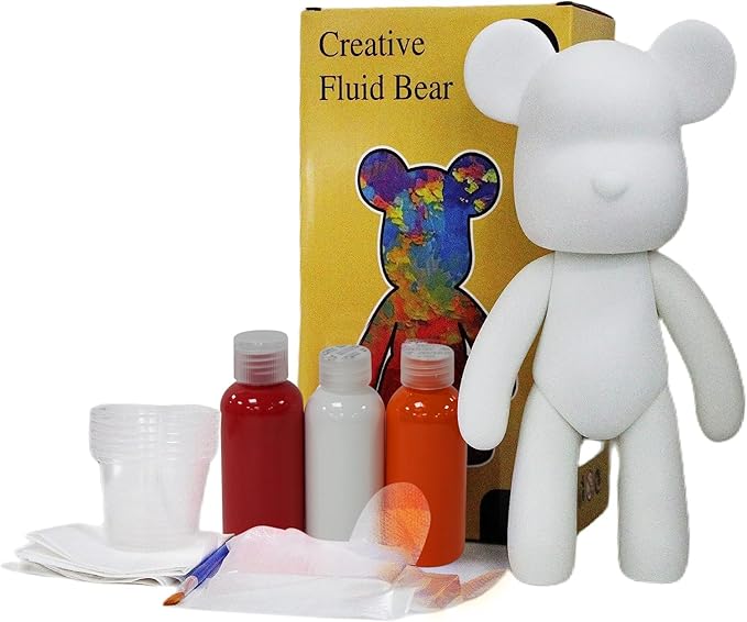 HANDA DIY Painting Fluid Bear Teddy Bear Painting Kit Set Creative Home Decorations Handmade Doll Figurine Toys Gift for Birthday Valentines (9.05 inch, Red+Orange+White)