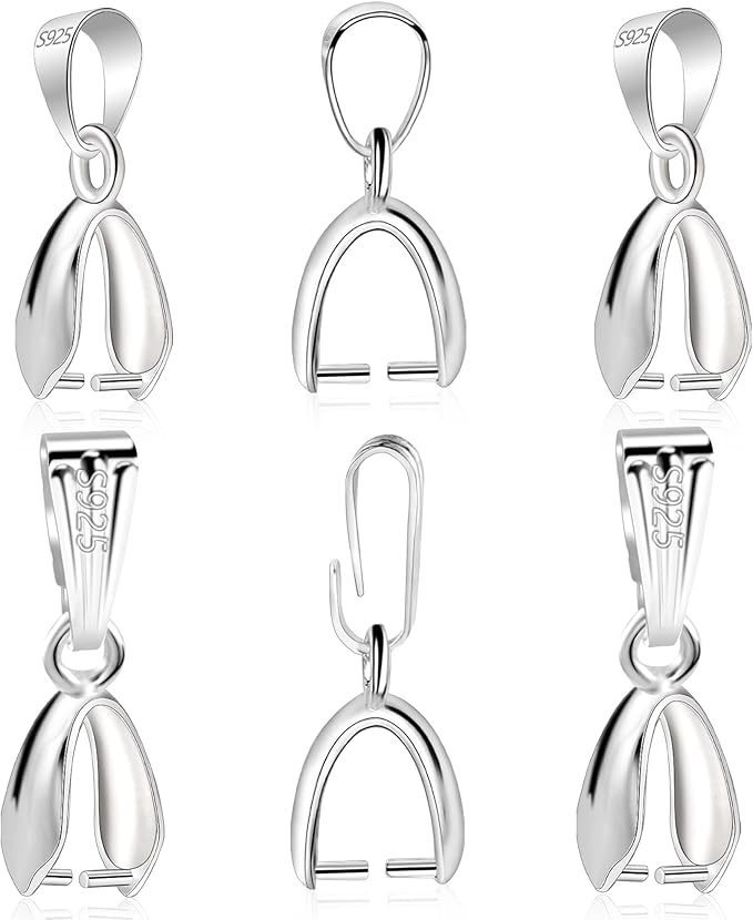 925 Sterling Silver Pinch Bail Clasp, 6 Pcs Hypoallergenic White Gold Plated Slider Necklace Pendant Pinch Clip with Open Loop Snap Bail Necklace Pendant Clasp Connectors for Jewelry Making