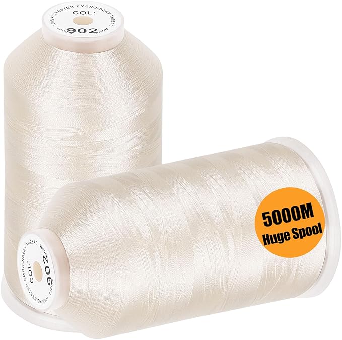 New brothread - 2 Huge Spools 5000M Each Polyester Embroidery Machine Thread 40WT for Commercial and Domestic Machines - Ivory