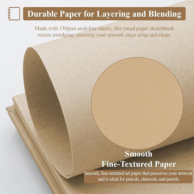 sufly toned tan sketchbook, 8x10 inches, 60 sheets - 90lb/150gsm tan paper for mixed media, charcoal, graphite, colored pencils & white gel pens, 100% recycled, wire-o bound.