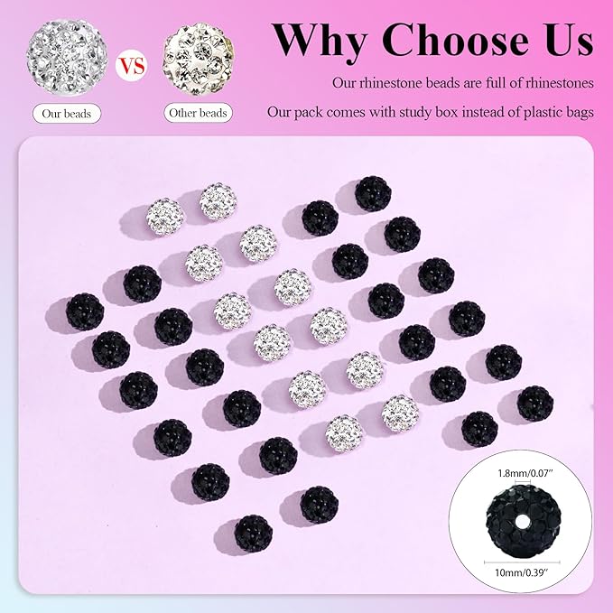 Dowarm 255PCS 10mm Rhinestone Beads for Baseball Rhinestone Necklace Bracelet Jewelry Making, Round Polymer Clay Beads for Crafts Beaded Pen, Shamballa Clay Pave Disco Diamond Bead, Black|White