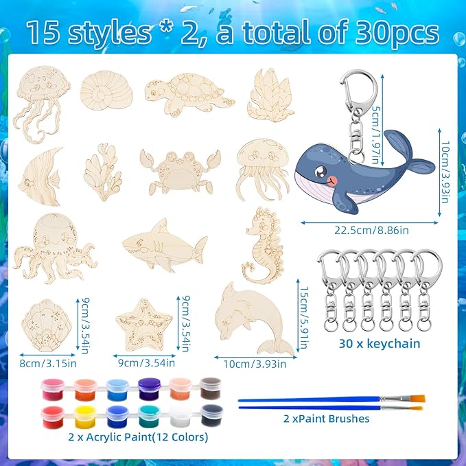 JHGCVX 30 Pieces Sea Life Painting Craft Kits，DIY Wooden Coloring Keychain for Christmas Gifts Ocean Theme Birthday Party Decorations Supplies