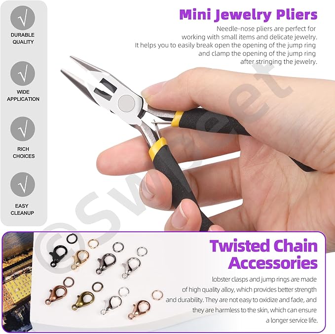 Swpeet 102Pcs Rose Gold 3mm by 10 Yard Length Jewelry Making Chains Kit with Jump Rings, Lobster Clasps and Jewelry Plier, Necklace Chains Flat Cable Link Chain Bulk Ideal for DIY Craft Jewel Making