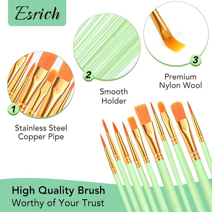 ESRICH Paint Brushes Set,10 Packs 100 Pcs Acrylic Paint Brush Set,Acrylic Oil Watercolor, Face Nail Art, Miniature Detailing,Rock Painting,Painting Artist Professional Kits(Green)