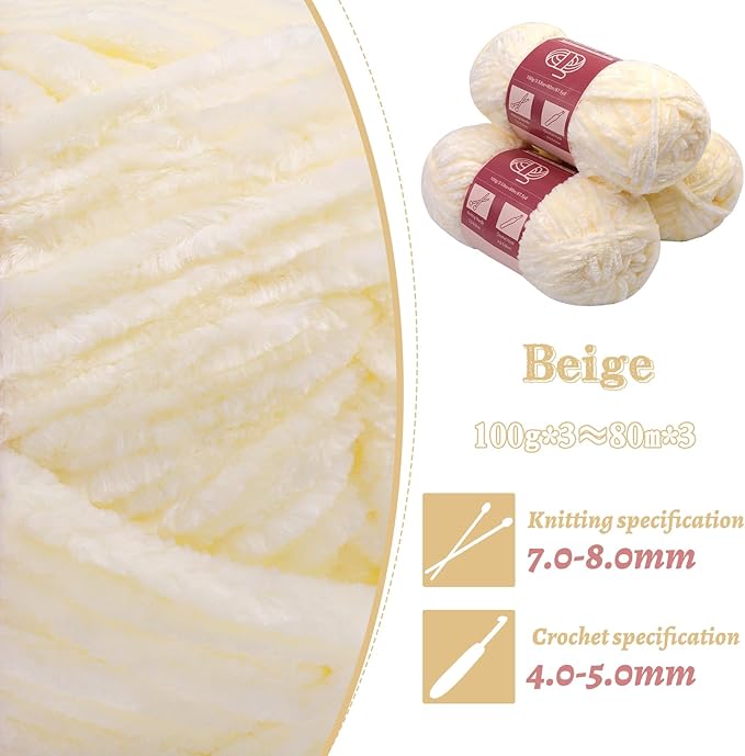 LUNARM Chenille Yarn for Crocheting Knitting, 3 Skein 263 Yard Thick Soft Chunky Fluffy Weaving Plush Yarn for Blankets Clothes Pattern Creations with Big Eye Needles(Beige)