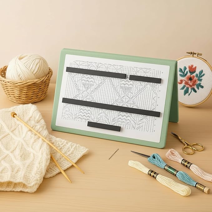 Flutesan 1 Pcs Sage Green Knitting Pattern Holder, Fold up Cross Stitch Knitting Chart Keeper with 4 Pcs Replacement Magnets, Cross Stitch Accessories Supplies, Unfolded Size 13.2 x 9 Inch