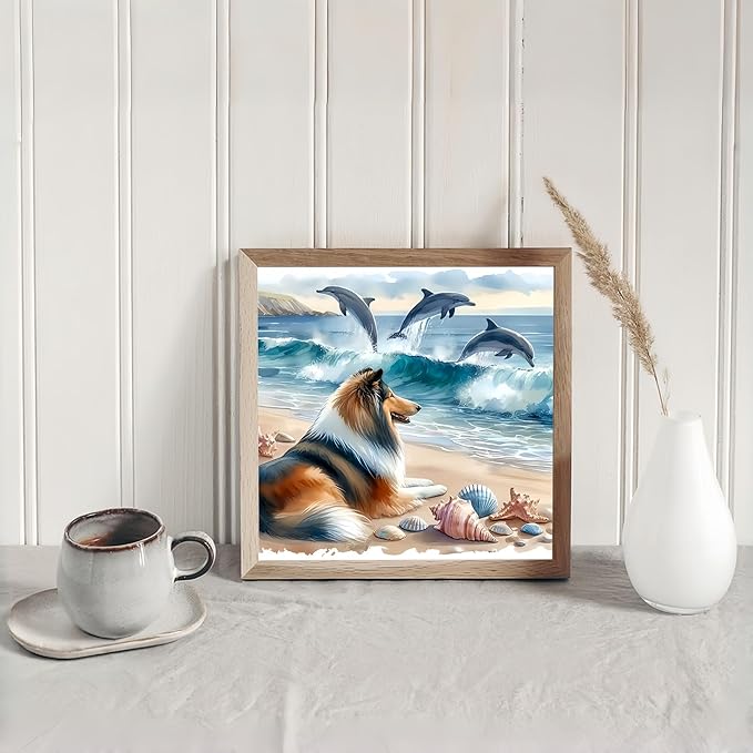 Diamond Art Kits for Adults Collie Dog, DIY 5D Diamond Painting Kit for Beginners Dolphin, Beach Full Round Drill Gem Art Dots for Adults, Diamond Dots Paintings Crafts Home Wall Decor 14X14 Inch