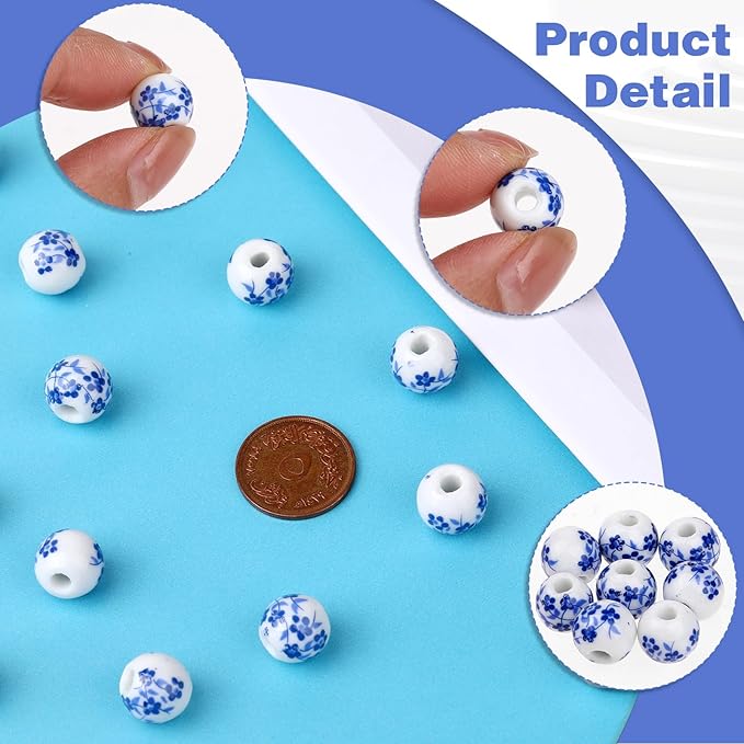 Ceramic Beads, 100Pcs Round Porcelain Beads 10mm Handmade Porcelain Blue Flower Printed Spacer Beads Craft Beading Kit for Jewelry Making Supplies DIY Crafts Bracelets Necklace
