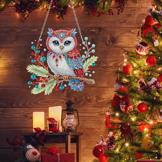 SHLUHA Diamond Art Kits for Adults Diamond Art Christmas Owl Design Special Shape Acrylic Hanging Pendant Crystal Mosaic Home Wall Door Window Decor with Chain Handmade Christmas Gift(LL075)