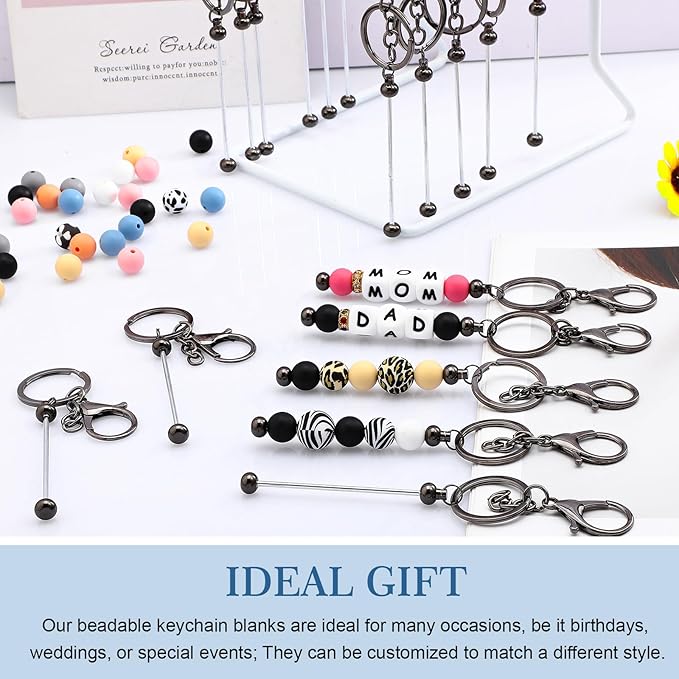 Tondiamo 24 Pcs Beadable Keychain Bars Bulk Beads for Keychain Making Kit Gifts for Women Men DIY Crafts(Gray)