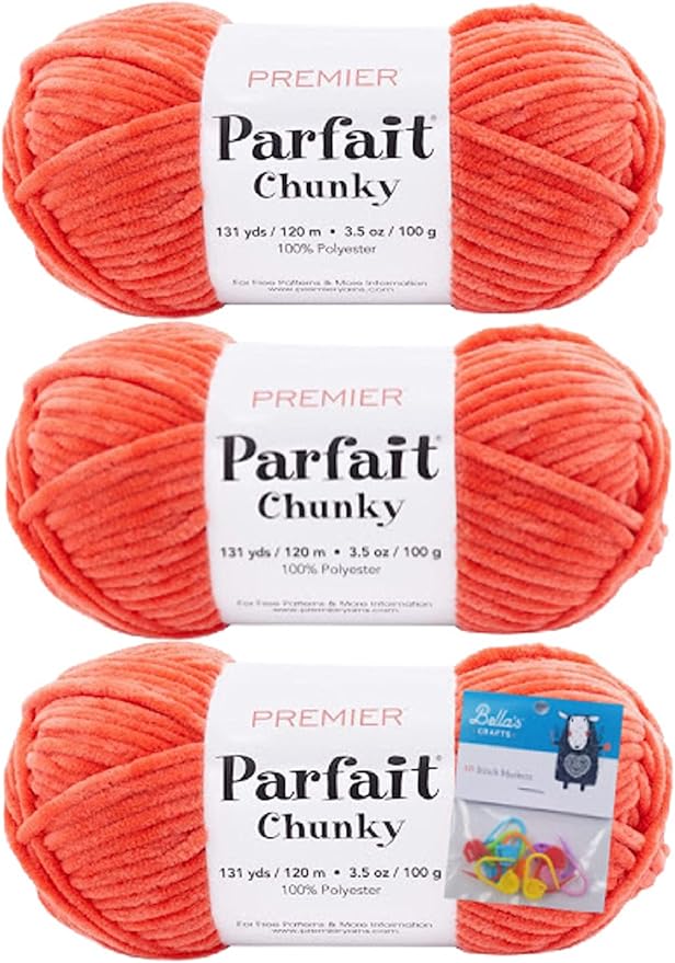 Premier Yarns Parfait Chunky Chenille Yarn 3.5 Oz 6 Super Bulky Weight 3 Pack Bundle with Bella's Stitch Place Holders (Mango)