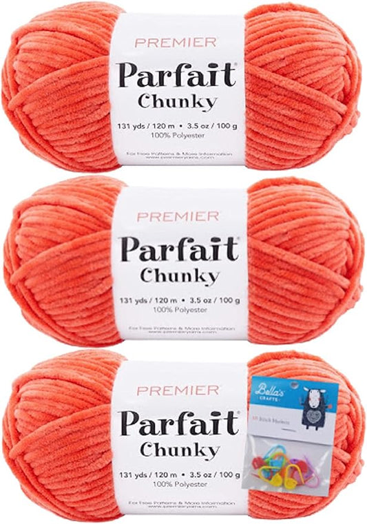 Premier Yarns Parfait Chunky Chenille Yarn 3.5 Oz 6 Super Bulky Weight 3 Pack Bundle with Bella's Stitch Place Holders (Mango)