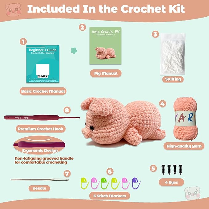 JueRum Pig Beginner Crochet Kits for Adult,Amigurumi Crochet Kit with Step-by-Step Video Tutorials, Learn to Crochet Pig Animals Knitting Kit for Adult