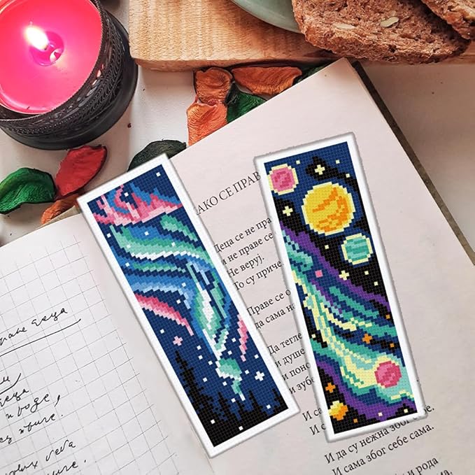ORIGACH 6 Set Universe Starry Night Cross Stitch Bookmark Kit for Beginner with Backing Felt Floss Instructions DIY Stamped Embroidery Bookmark Kit for Adults, Book Lovers