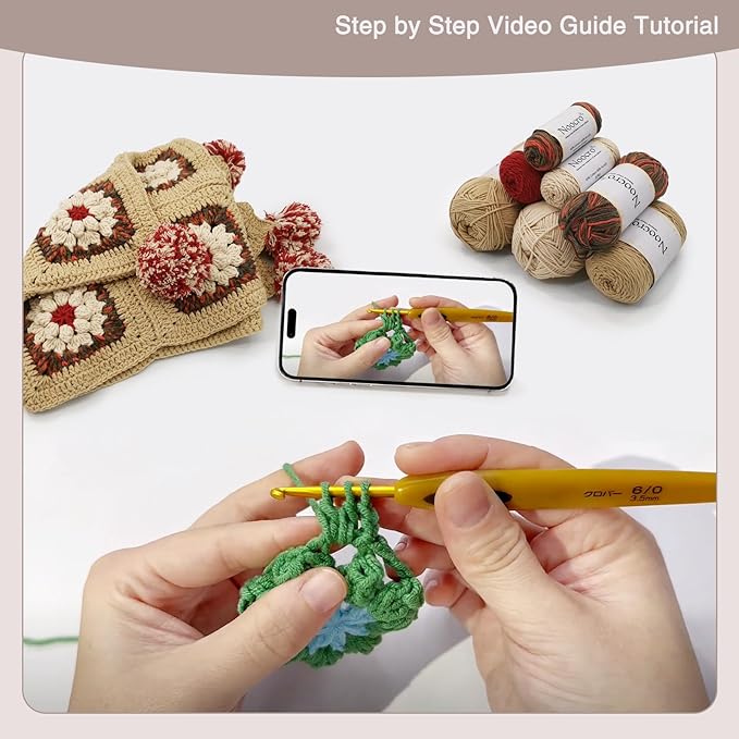 Noocro Complete Crochet Kit for Pom-Pom Granny Square Scarf Hood, DIY Yarn Kit, Detailed Instructions, Step by Step Video Tutorial, Beginner-Friendly, Intermediate Crocheter Craft Set (Roma Khaki)