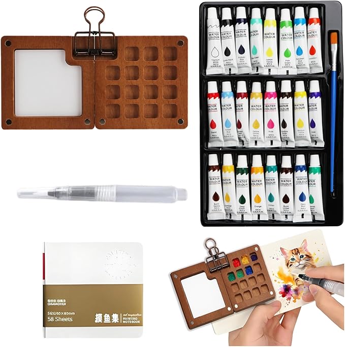Mini Watercolor Travel Set, 24 Colors Portable Pocket Paint Kit with Watercolor Pens, Binder Clips & Walnut Wooden Box – Perfect for Outdoor Painting, Sketching & Art Journaling