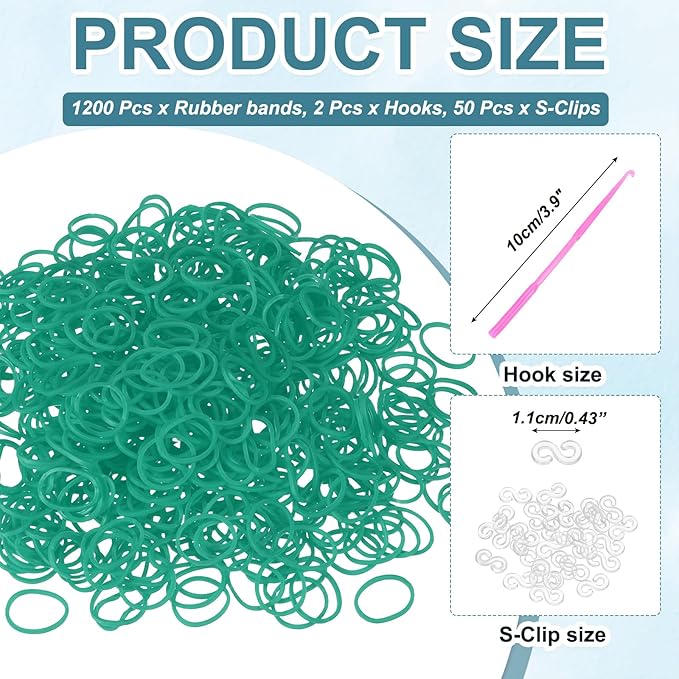 MECCANIXITY 1200 Pcs Loom Rubber Bands Kit with 50 Pcs S-Clips 2-Hooks Rubber Bands Refill Bracelet Making Kits for Weaving DIY Handcrafts Gift, Dark Green