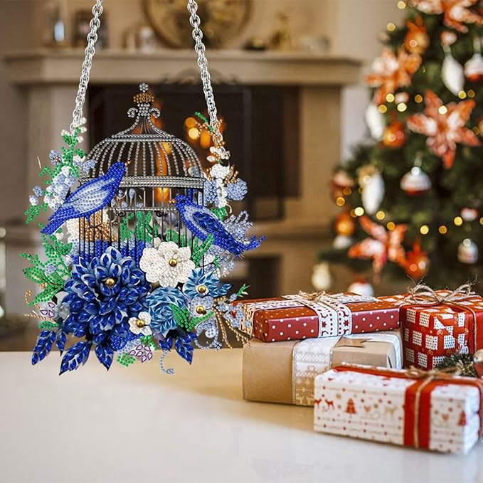 Flower Birdcage Design DIY Diamond Art Painting Wreath Kits Special Shaped Rhinestone Diamond Art Window Pendants Home Garden Wall Hanging Kits (Single Side Point Drill) (#11-Cat) (#01-Bird)